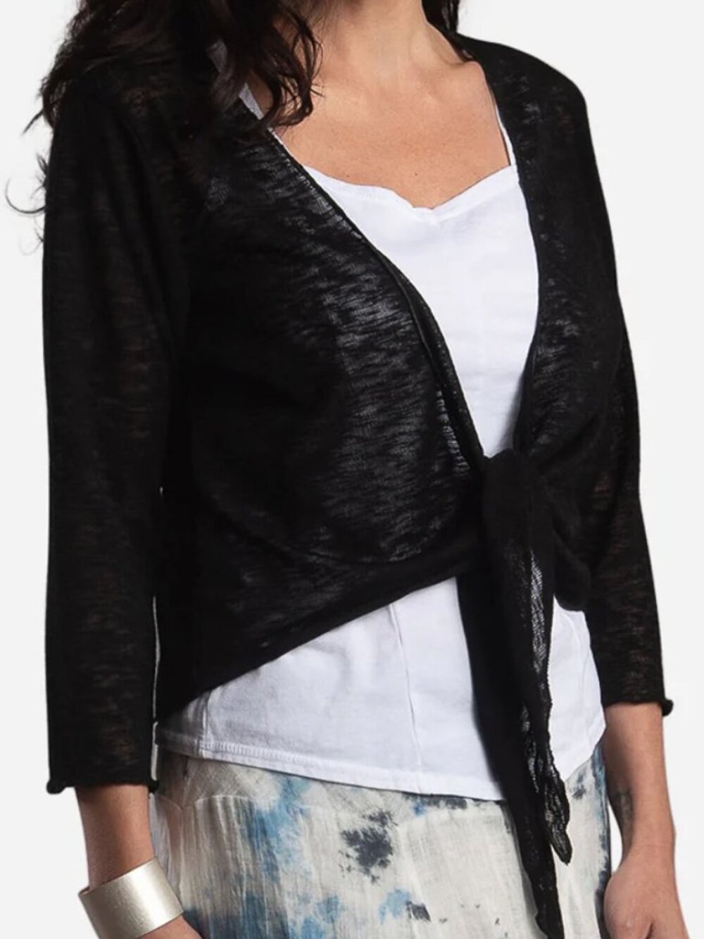 Cropped Tie Front Sweater - Black